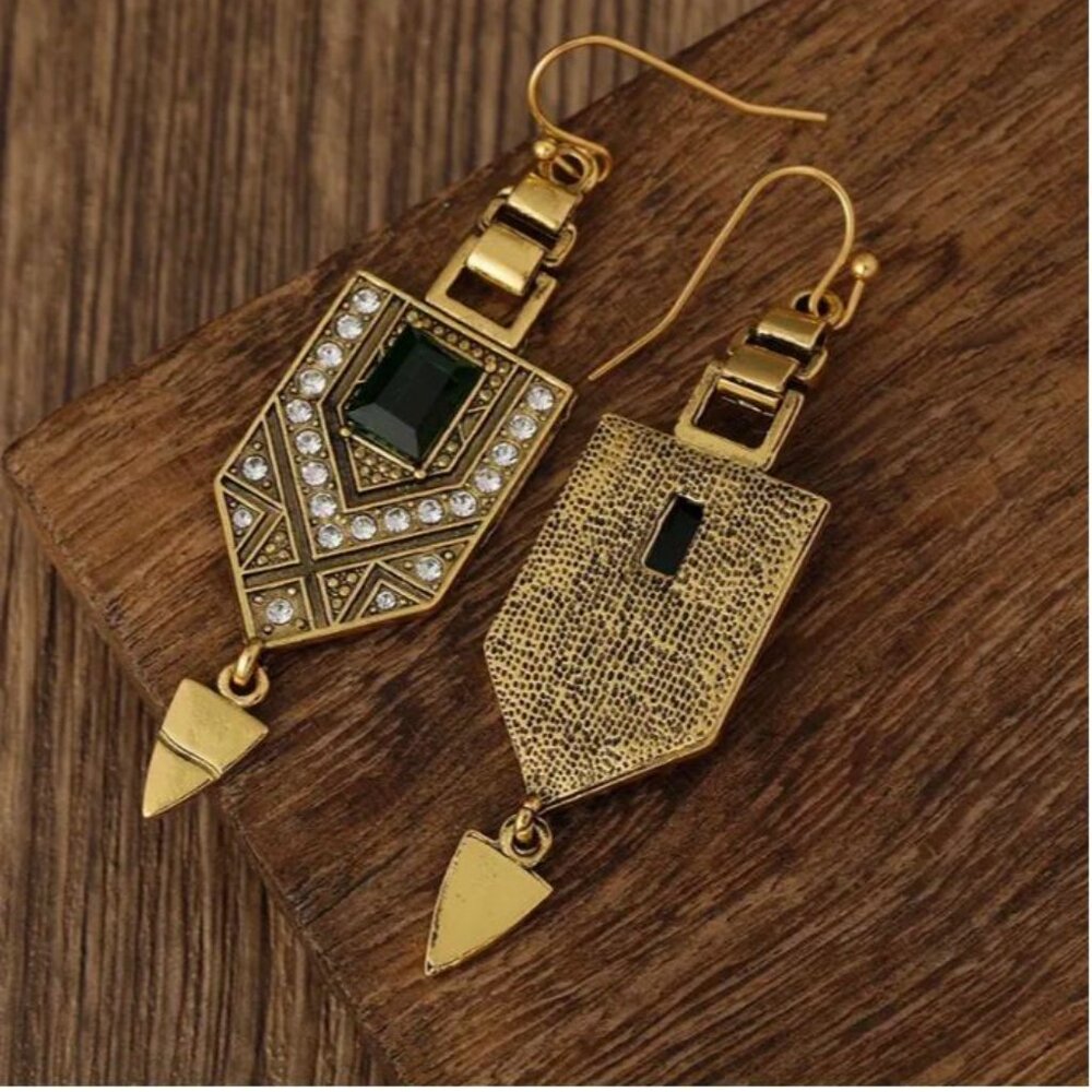 NEW Vanessa Edwardian Art Deco Gold and Emerald Green Geometric Drop Earrings - Picture 4 of 5